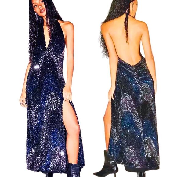 Free People Midnight Blue Silver Sequin Plunging Neck Open Back Long Dress Large - Picture 1 of 15